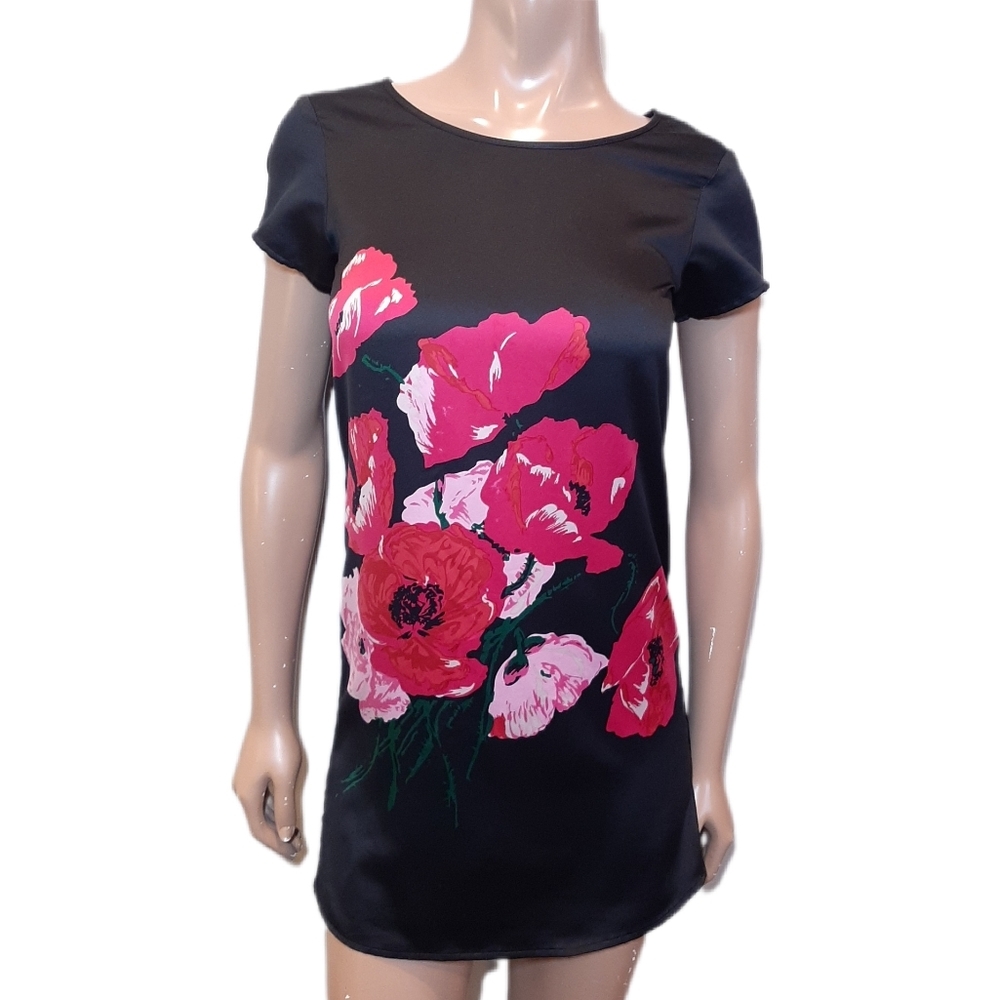 Rickis Floral Micro Dress Satin Sheen Short Sleeve Black Pink Women's Size 0